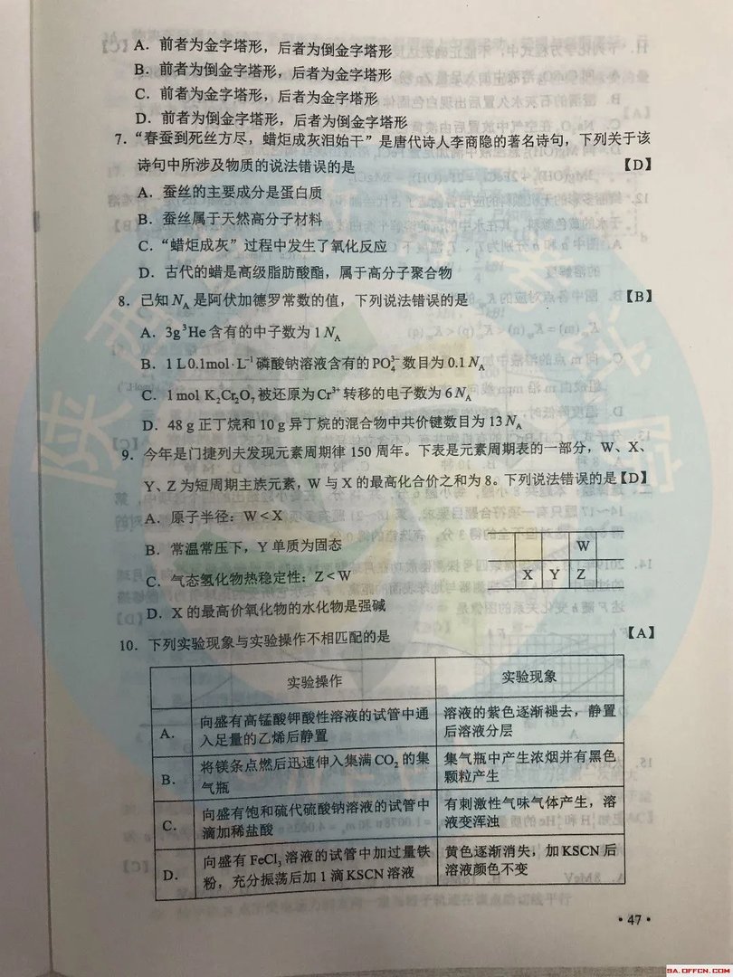 2019年陕西高考理科综合科目试题及参考答案