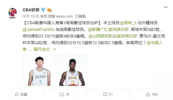 CBA新赛季首周最佳球员出炉:周琦大号两双雪前耻
