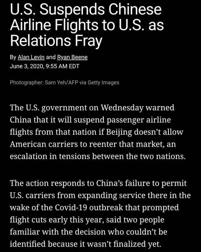 5月要求恢复中美航班,现又全面禁止中国航班,特朗普有何企图?