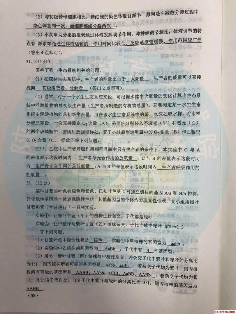 2019年陕西高考理科综合科目试题及参考答案