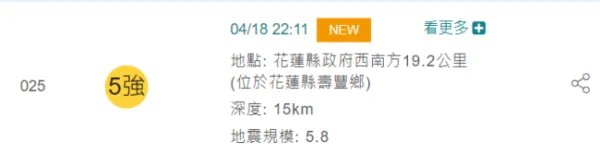 台湾花莲县连发2次地震,最高几级?
