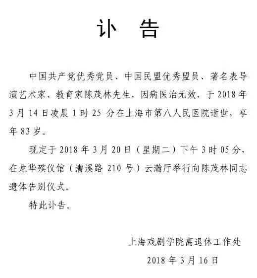艺术家陈茂林病逝了吗？